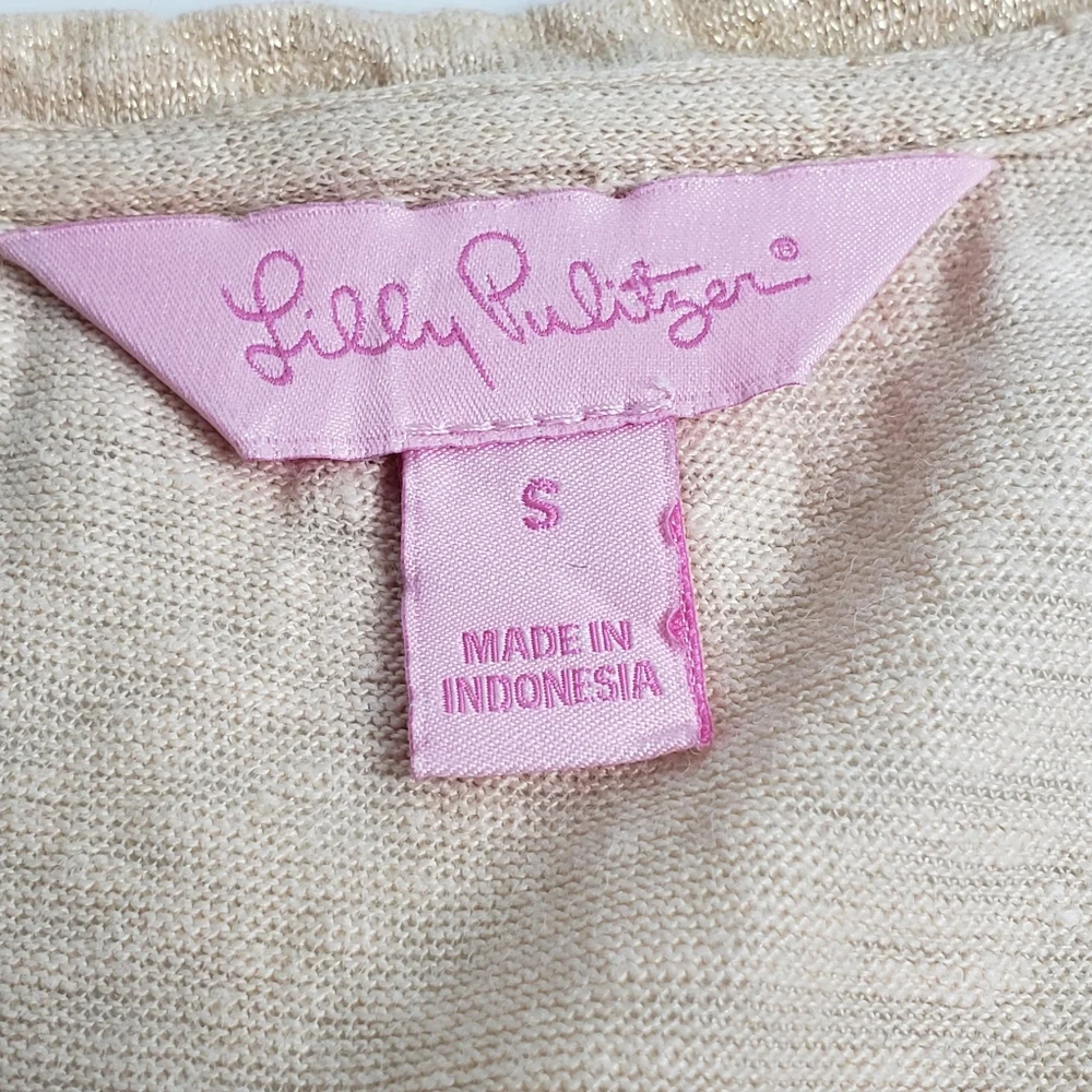 Lilly Pulitzer Tan Glitter Fluttery Trim Scoop Neckline Pullover Linen sz Small